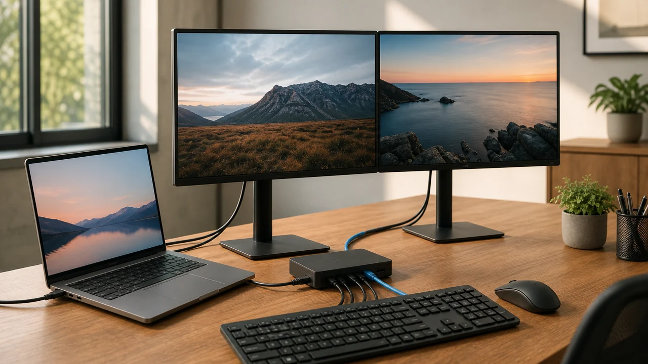 Office laptop connected to a compact docking station with dual monitors and tidy desk cables